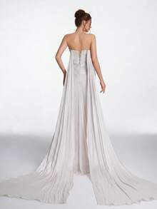 Anymoon Women's Solid Color Pleated Elegant Luxurious Evening Gown Wedding - White - View 3
