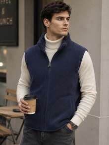 1pc Men's Autumn/Winter Deep Blue Fleece Vest Jacket, Stand Collar Zipper Cardigan, Casual Outdoor Layering - Navy Blue - View 2