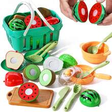 UINLE Baby Country Style Cutting Play Set, Realistic Cuttable Fruit And Vegetable Accessories, Handheld Basket Kitchen Toy Set, Suitable For 3+ Years Old Leisure Role-Play, Simulated Kitchen Interactive Game, Develops Color Recognition And Fine Motor Skills - Multicolor - View 1