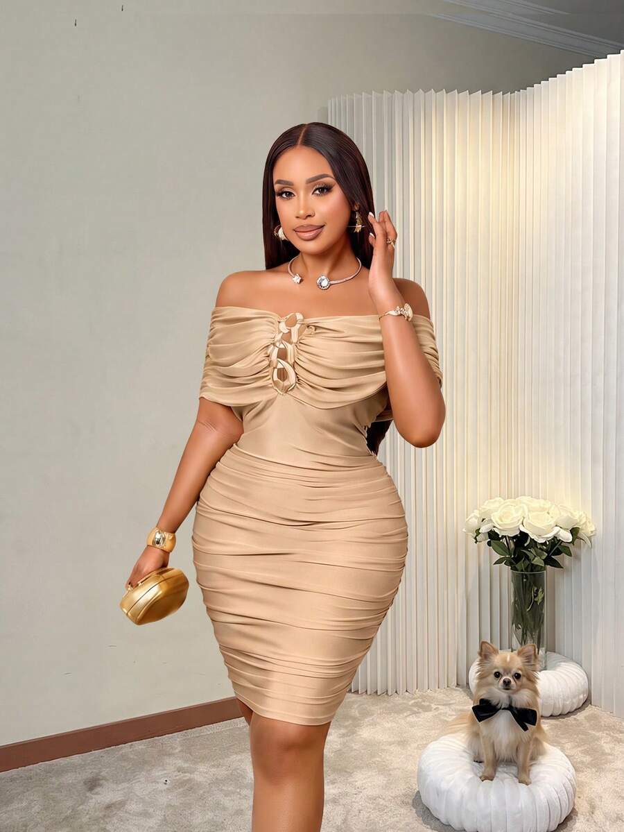 BIUBIU Plus Size Women Sexy Bodycon Dress, Gold Strapless Off-Shoulder Ruched Knit Mini Dress, High Elastic Fabric Elegant Summer - Apricot - View 1
