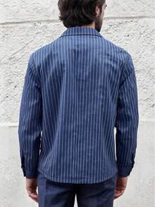 GOLDRED American Vintage Old Money Style Blue Striped Cuban Collar Shirt Men's Double Pocket Workwear Commute Casual Thin Long Sleeve Shirt - Blue - View 6