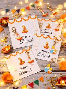 4/8pcs Diwali Candle & Lamp Keychain Set, Includes Alloy Candle/Lamp Keychain Pendant + Gift Card, Suitable For Diwali Festival Events, Theme Parties, Gift Souvenirs And Small Gifts - Multicolor - View 3