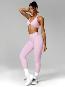 MFVIM Women's Naked Feel High Elastic Yoga Set, Fashionable Minimalist All-Match Versatile Plus Size Casual Wear - Baby Pink - View 6