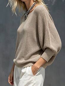 Women's Casual Spring/Autumn 3/4 Sleeve Pullover Knit Sweater, Round Neck Ribbed Knit Detail, Solid Color Batwing Sleeve Knit Top - Apricot - View 4