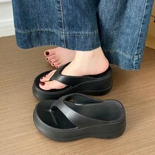 女款純色厚底夾腳拖鞋，增高度假風夏季卡其色沙灘戶外拖鞋 - 黑色 - 查看 2