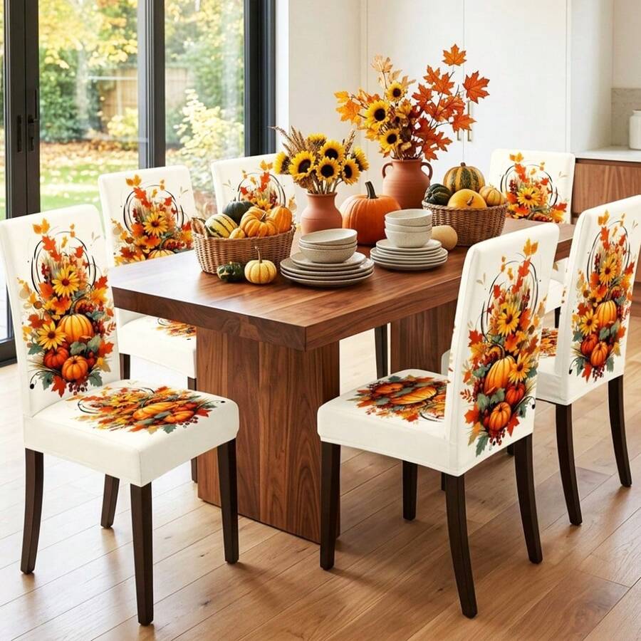 1/2/4/6/20 piezas Fundas para sillas de comedor, nueva llegada estética vintage con patrón de calabaza de otoño, flor y hoja de arce, fundas de decoración y protección para sillas de comedor, herramienta de renovación de sillas de comedor antiguas, adecuadas para decoración de escena de Acción de Gracias y festival de otoño en el hogar, restaurante, fundas de decoración y protección para sillas de habitación, fundas para sillas de comedor desmontables y lavables, regalo de vacaciones, regalo para el hogar