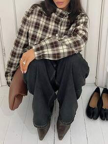 女款春秋休閒格紋夾克 - 棕色 - 查看 9