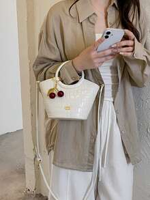 New Solid Color PU Fabric Crocodile Embossed Mini Handbag For Women, Vintage Round Handle With Cherry Charm, Fashionable Sweet Shoulder Crossbody Bag - A - View 3