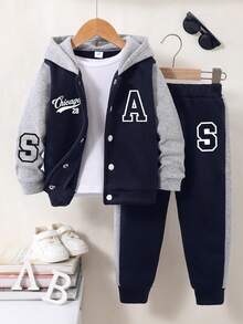 Bộ áo khoác hoodie và quần dài họa tiết chữ cho bé trai - Xanh đậm - Xem 1