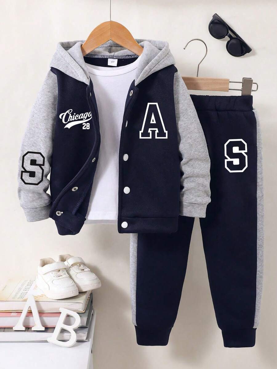 Bộ áo khoác hoodie và quần dài họa tiết chữ cho bé trai - Xanh đậm - Xem 1