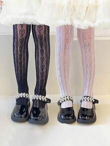 2件裝女童兒童幼兒網襪褲襪，黑色白色純色，卡通愛心圖案、直條紋提花薄款高彈力網襪，舞蹈褲，適合日常、學校、可愛風格，春夏四季通用，適合學生日常聚會，可搭配裙子、短褲、小皮鞋，開學季新學期校園教室穿搭 - 彩色 - 查看 1