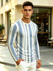 Men's Round Neck Long Sleeve T-Shirt, Fashion Striped Print Top, Young Handsome Versatile All-Match Style, New Autumn Arrival - Multicolor - View 3