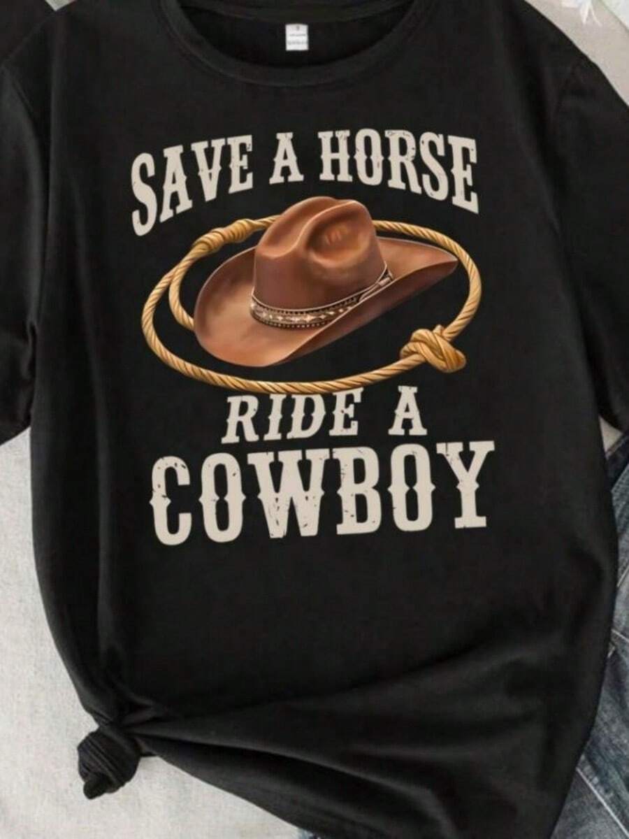 Cowboy Hat And Rope Pattern Round Neck Plus Size T-Shirt Short SLeesve Trendssssssss Printing Elastic Half SLeesve T-Shirt