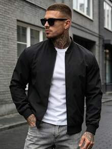 1pc Outdoor Sports Casual Stand Collar Baseball Jacket, Solid Color Zipper Jacket, Regular Fit Black - Black - View 1