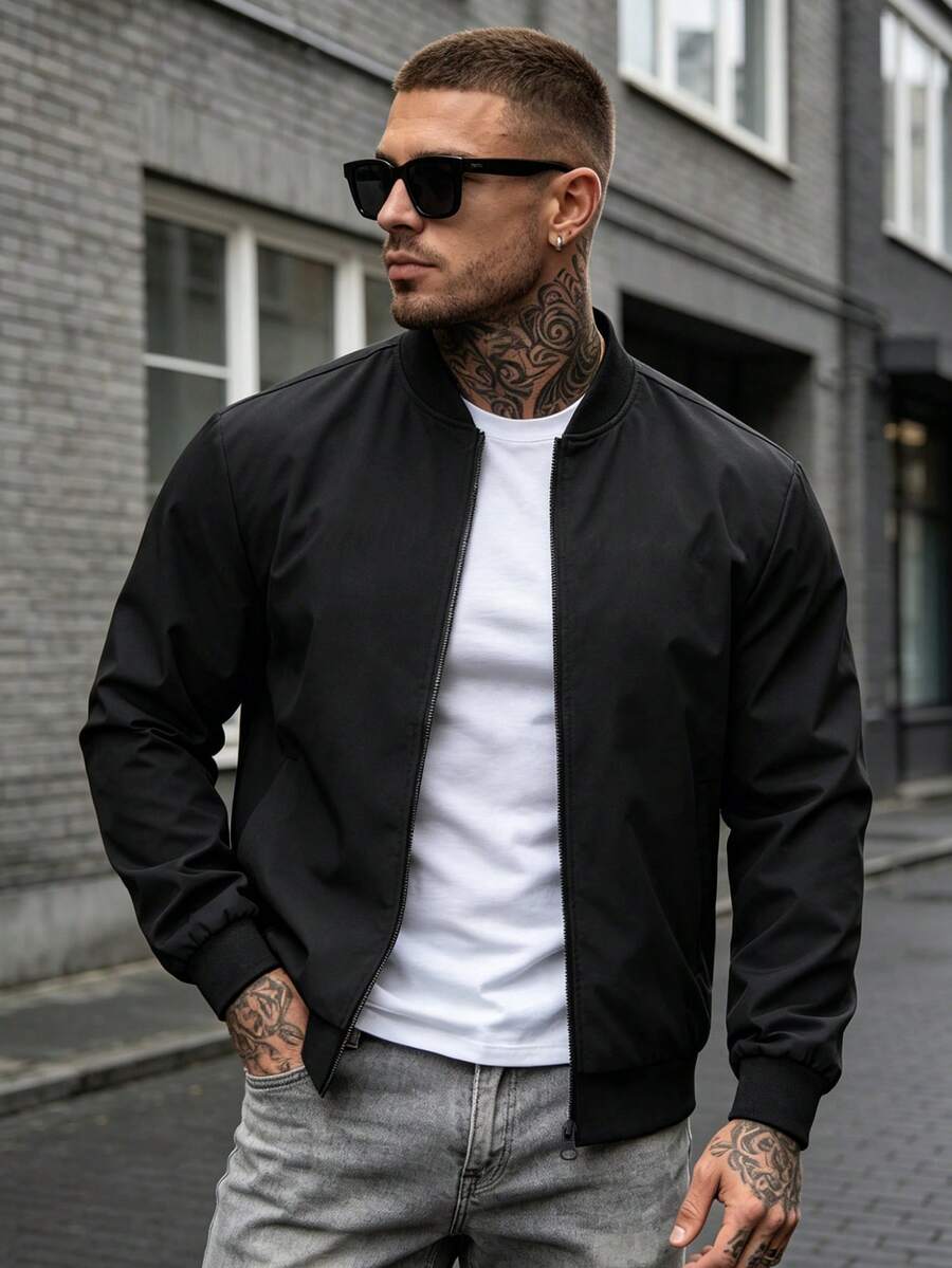 1pc Outdoor Sports Casual Stand Collar Baseball Jacket, Solid Color Zipper Jacket, Regular Fit Black - Black - View 1