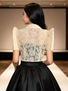 Terno Modern Filipino Style Blouse, Butterfly Sleeve Filipino Style, Summer Women Elegant Floral Patchwork Puff Sleeve Blouse, Hollow Out Blouse - Champagne - View 2
