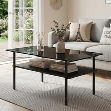 Modern Coffee Table With Black Glass Top, Living Room Table With MDF Shelf And Metal Frame, Rectangular Sofa Table With 2-Tier Storage, Black-H45/W98/D58 Cm - 黑色 - 查看 4