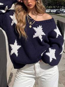 Sweater Lengan Panjang Leher V Motif Bintang Lima Warna Biru Gaya Kampus Fashion Jalanan Y2K Kasual Longgar - Royal Blue - View 10