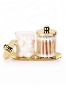 Clear Acrylic Bathroom Storage Jars With Gold Lid And Tray, Cotton Ball Holder, Cotton Swab Holder, Countertop Vanity Organizer, 3-Piece Set - Multicolor - View 1