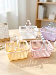 Mini Plastic Handheld Storage Basket With Portable Handle, Hollow Ventilated Organizer Bucket, Macaron Color, Multi-Purpose Desktop Bathroom Dormitory Tray, Suitable For Cosmetics, Small Items, Daily Supplies Storage And Organization - Multicolor - View 6