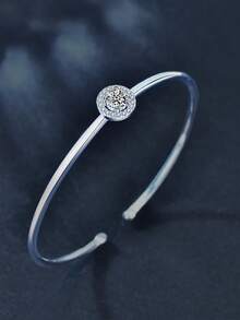 1pc S925 Sterling Silver Open Cuff Bracelet, Adjustable, Minimalist Thin Band Design, Fresh And Versatile, Suitable For Daily Commute And Date Looks - Silver - View 3
