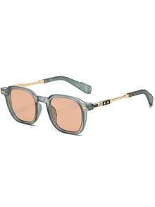 1PC Men's Multi-Color Geometric Gold Plastic Combination Retro Personalized Cool Street Style Glasses Studded High-End Fashion Decorative Shades, Suitable For Vacation, Beach, Seaside, Driving, Street Photography, Travel, Dating, Commuting, Etc. - Sand Green Frame Champagne Lens - View 4