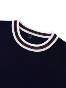 Camvyn Men's Summer Contrast Color Round Neck Slim Fit Short Sleeve Knit T-Shirt, Suitable For Casual Outings And Daily Wear - Navy Blue - View 3