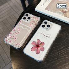 2件裝花卉印花卡槽手機殼 TPU 防震全包覆精準保護套，適用於 Apple 11/12/13/14/15/16/17 Pro Max - 玫瑰金 - 查看 2