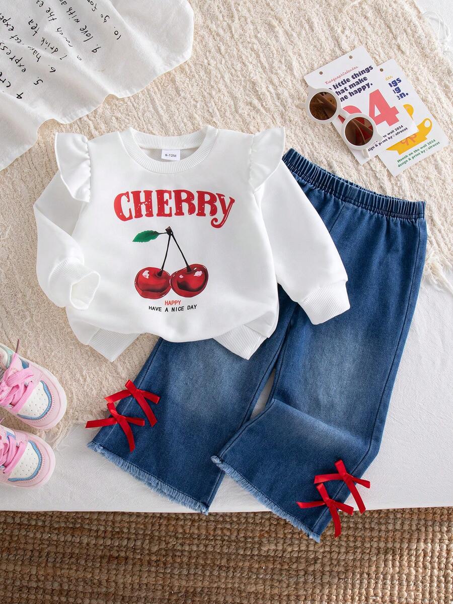 Autumn/Winter Baby Girl Outfit Set & Cute Stylish Cherry Print Cap Sleeve Sweatshirt & Bow Trim Flared Denim Jeans Commute/Outing Set - White - View 1
