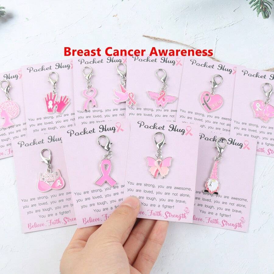 11pcs Pink Breast Cancer Awareness Keychains For Women, Hope & Strength Alloy Pendant With Inspirational Quote Cards, Thoughtful Gift For Breast Cancer Fighters, Team Support Gift, Breast Cancer Awareness Month Supplies, Pink Ribbon, Pink October