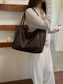 Bolso tote de mujer de unicolor minimalista, bolso de hombro moderno para desplazamientos, bolso de gran capacidad adecuado para compras y desplazamientos - Café - Ver 6