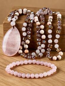 Yumfeel 2PCS Elegant Natural Rose Quartz Necklace & Bracelet Set, Fashion Water Drop Pendant Sweater Chain, Valentine's Day Gift - Multicolor - View 3