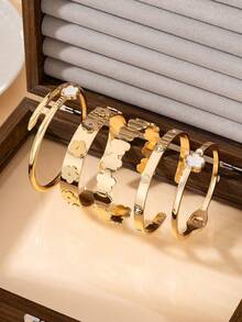 5pcs Luxurious Elegant High-End Exquisite Sparkling Gold Wide Clover/Heart Shaped Women's Bracelet Set - Yellow Gold - View 5