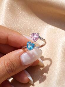 1 pieza Anillo abierto de doble corazón de plata de ley 925, joyería exquisita para mujer, adecuada para baile, fiesta, cita, vacaciones, aniversario y otras ocasiones especiales - anillo de doble corazon - Ver 3