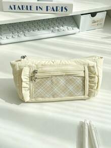 1pc Cute Plaid Pattern Pleated Pencil Case, Star Pendant Double Zipper Stationery Storage Bag, Large Capacity Transparent Window Pencil Pouch, Suitable For Back To School, Holidays, Travel, Soft Fabric Portable Makeup Organizer, Student Gift Choice - Mint Green Lace Pencil Case - View 9