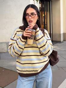 VIBEWAVE Colorblock Striped Polo Collar V-Neck Drop Shoulder Loose Pullover Sweater Women Spring Autumn Vintage Preppy Style Casual Knit Top - Multicolor - View 4
