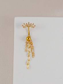 1pc Exquisite Marquise Cubic Zirconia Chain Belly Ring, Suitable For Women's Daily Wear, Dates, Parties, Gatherings And Layering - Yellow Gold - View 3