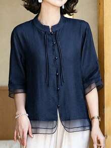 Mature Women New Chinese Style Stand Collar Shirt, Frog Button Tassel Decor Short Sleeve Sheer Mesh Hem Casual Blouse - Navy Blue - View 4