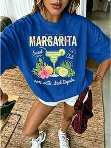 Women's Oversized Graphic Print T-Shirt, Summer Top For Women, Margarita Social Club, Tropical Cocktail Print, Casual, Loose, Round Neck, Hands - Pink - View 8