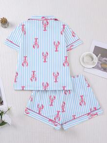 Bộ đồ ngủ nữ 2 món/set, họa tiết tôm hùm, đồ mặc nhà mùa xuân/hè, áo tay ngắn cổ bẻ và quần short, bộ đồ mặc được - Nhiều màu - Xem 2