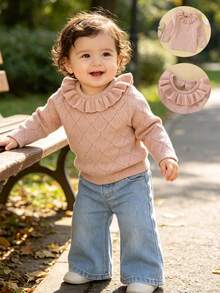 1pc Light Pink Double Layer Ruffle Collar Diamond Hollow Out Girls Knit Sweater, Baby Girl Round Neck Long Sleeve Pullover Top, Versatile Base Layer - Pink - View 1