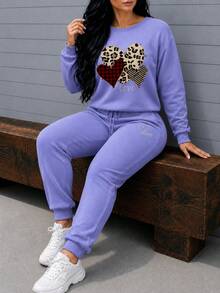 Conjunto set 2 piezas dama mujer casual sudadera cuello redondo gráfico pecho jogger cintura elástica ajustable cordones cómodo calientito otoño invierno moderno estampado corazon cuadros - Lila - Ver 1