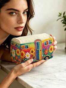 New 2D Floral Pattern Quilted Makeup Bag, Lightweight And Portable, Stackable Storage; Made Of Breathable Mesh And Washable Lining; Suitable For Storing Makeup Brushes, Lipsticks, Skincare Bottles, Jewelry And Other Items, Meeting Daily Organization, Overnight Travel, Vacation And Gym Storage Needs; An Ideal Choice For Travel Enthusiasts, Helping You Organize Small Items Neatly And Conveniently. (Printed Pattern Randomly Distributed) - Multicolor - View 2