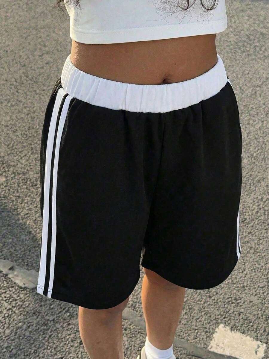 1pc Tween Girls' Casual Sports Elastic Waist Color Block Shorts, Bermuda, Spring Summer Autumn Winter - Black - View 1
