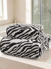 1pc/2pcs Approx. 13*30in/28*55in Thickened Zebra Stripe Coral Fleece Face Towel And Bath Towel, Super Soft, Absorbent, Quick Drying, Suitable For Swimming, Spa, Home Bathroom Shower, Back To School - Black and White - View 3