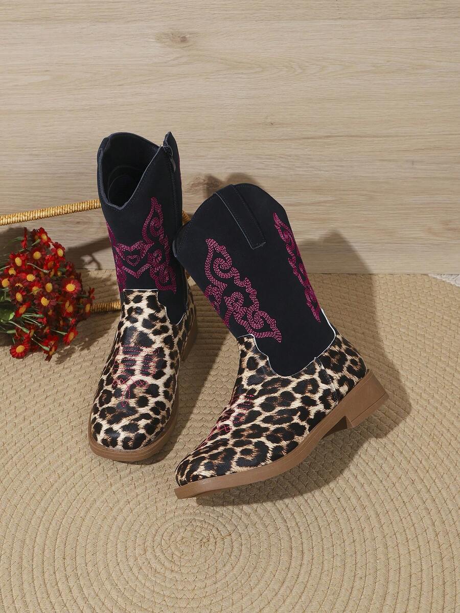 1 Pair Girls' Boots Autumn/Winter New Style High-Top Long Boots Princess Embroidery Prairie Western Boots - Black - View 1