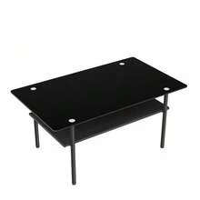 Modern Coffee Table With Black Glass Top, Living Room Table With MDF Shelf And Metal Frame, Rectangular Sofa Table With 2-Tier Storage, Black-H45/W98/D58 Cm - 黑色 - 查看 8