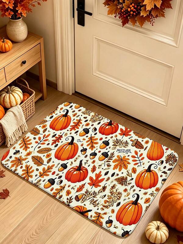 1pc Pumpkin Acorn Autumn Leaf Pattern Welcome Doormat, Soft Skin-Friendly Thick Absorbent Carpet, Suitable For Entryway, Living Room, Bedroom, Dining Room, Hallway, Laundry Room, Kitchen Carpet, Home Decor, Room Decor, Small Carpet, Living Room Carpet, Bedside Carpet And Other Indoor Places, Can Be Used As Entrance Carpet, Autumn Thanksgiving Home Decor Foot Mat