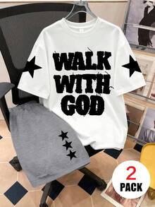 2pcs/Set Boys Outfit, Loose Top With "WALK WITH GOD" And Star Pattern + Sports Shorts, Comfortable And Soft, Suitable For Summer And Sports - Multicolor - View 2