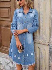 Women's Light Blue Long-Sleeve Distressed Denim Dress Casual - Light Wash - View 2